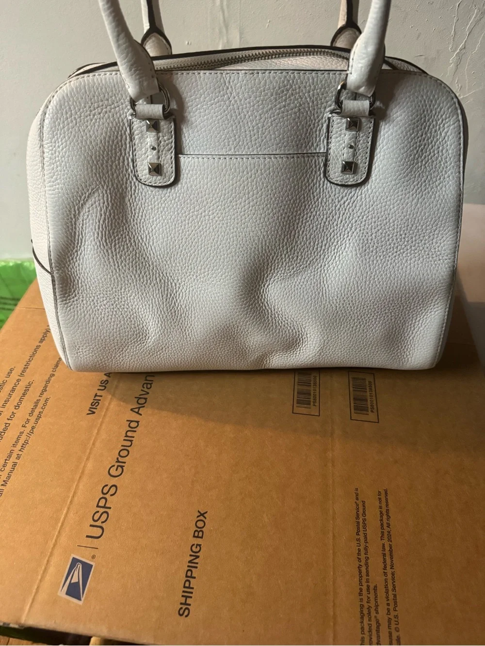 Michael Kors White Pebbled Leather Stud-Trim Satchel